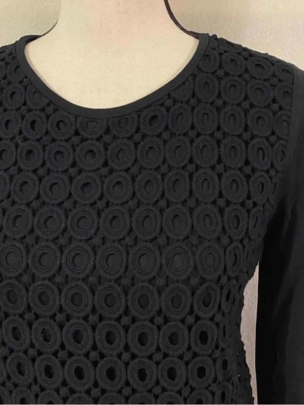 J. Crew black circle crochet lace layered tiered 3/4 sleeve cotton top